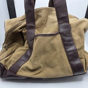 Merona Canvas‎ Duffel Bag Brown Tan Faux Leather Weekender Travel Gym